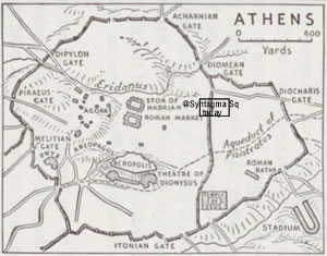 a map showing ancient athens and the aqueduct of Peisistratos