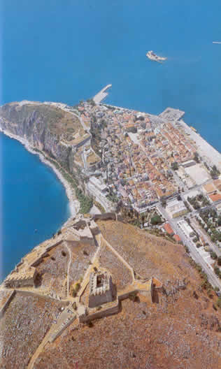aerial view of old naufplion and palamidi castle