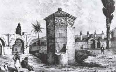 Tower by du Moncel 1843 with remains of resevoir, minarets of the Ottoman Medresse