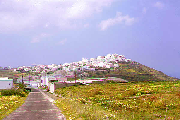a view of outskirts of Fira town as you arrive from port