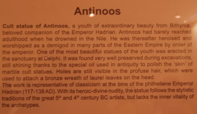 Antinoos caption, the story goes that out of love for Hadrian, Antinoos drowned/sacrificed  himslef to save the emperor from illness